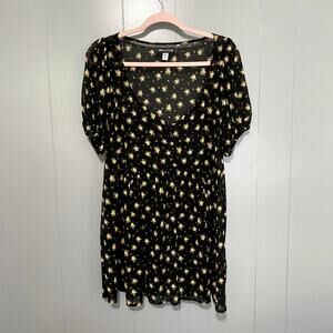 Urban Outfitters Black Floral Babydoll Short Sleeve 90s Retro Mini Dress M